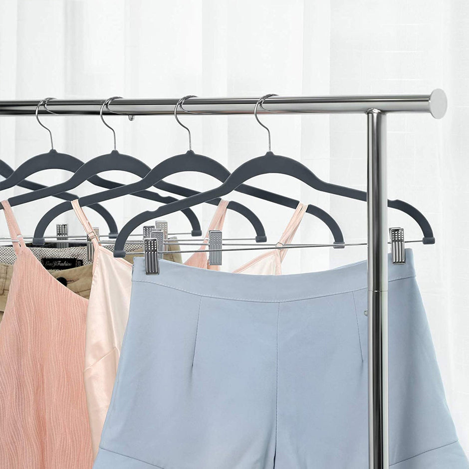 Velvet Swivel Trouser Hangers – Grey – 12 Piece Set with Non-Slip Bar and Clips for Space Saving Storage