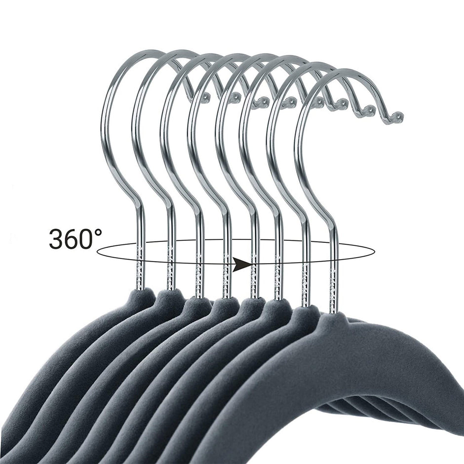 Velvet Swivel Trouser Hangers – Grey – 12 Piece Set with Non-Slip Bar and Clips for Space Saving Storage