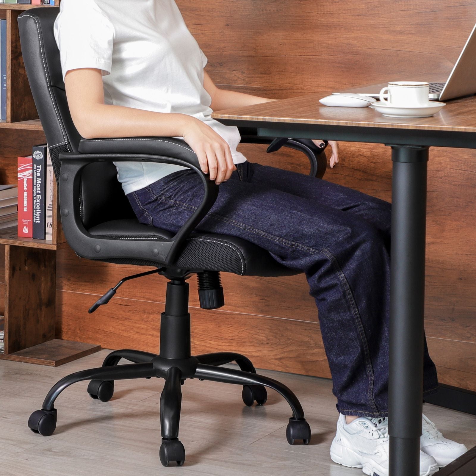Executive Chair – Synthetic Leather – Black – Comfortable Thick Padding with Adjustable Height and Tilt Mechanism