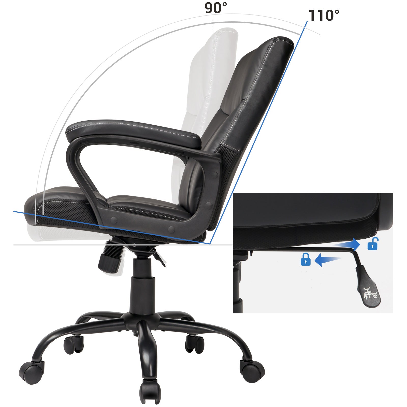 Executive Chair – Synthetic Leather – Black – Comfortable Thick Padding with Adjustable Height and Tilt Mechanism