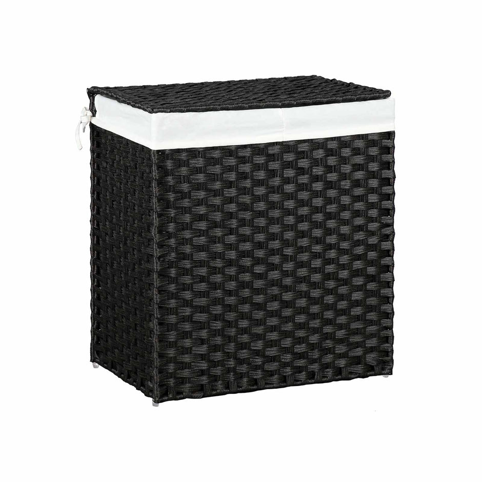 Laundry Hamper – Synthetic Rattan – Natural – 110L Capacity with Divided Compartment, Lid, and Handles