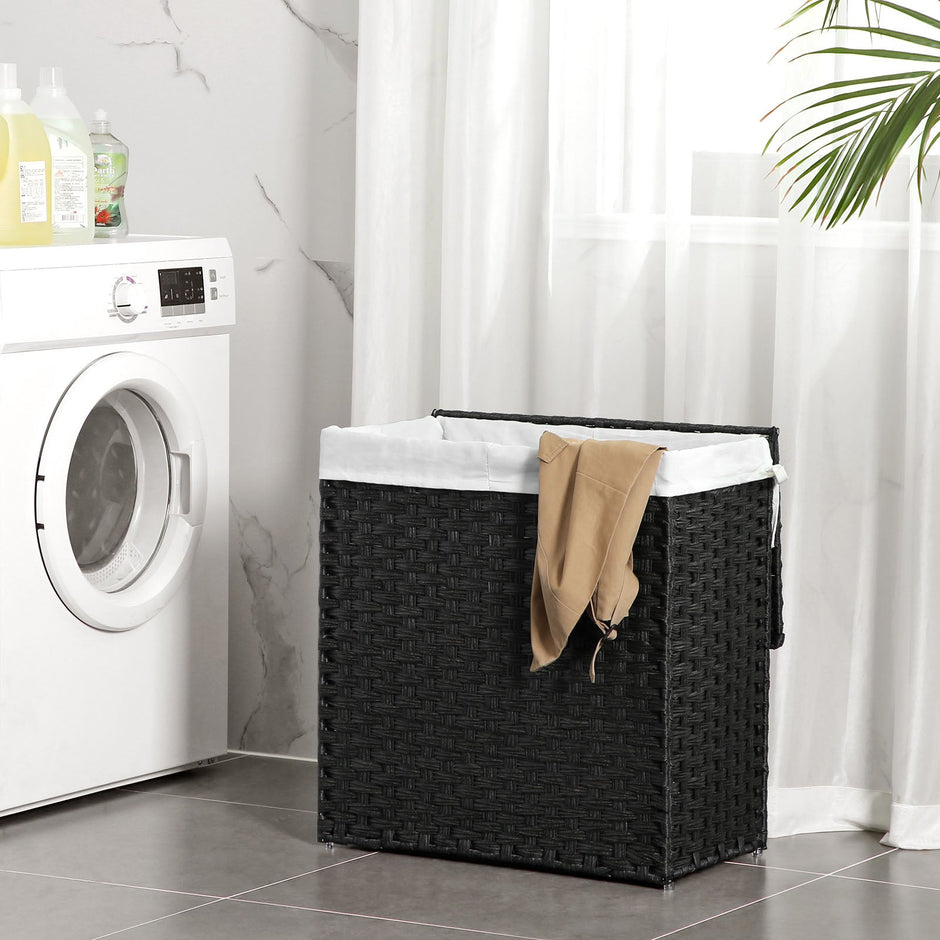 Laundry Hamper – Synthetic Rattan – Natural – 110L Capacity with Divided Compartment, Lid, and Handles