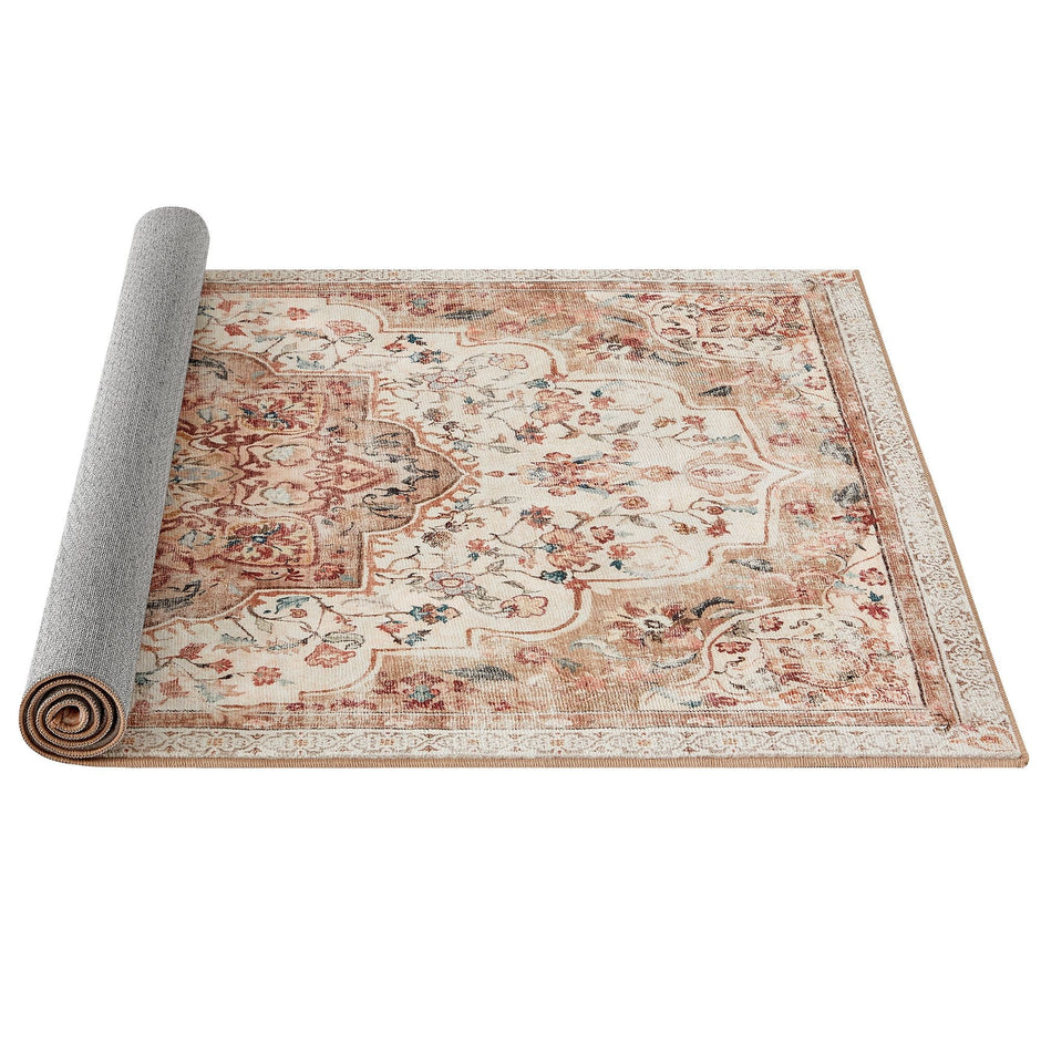Area Rug – Fabric – Cappuccino Beige – Non-Slip, Machine Washable, Traditional Vintage Style