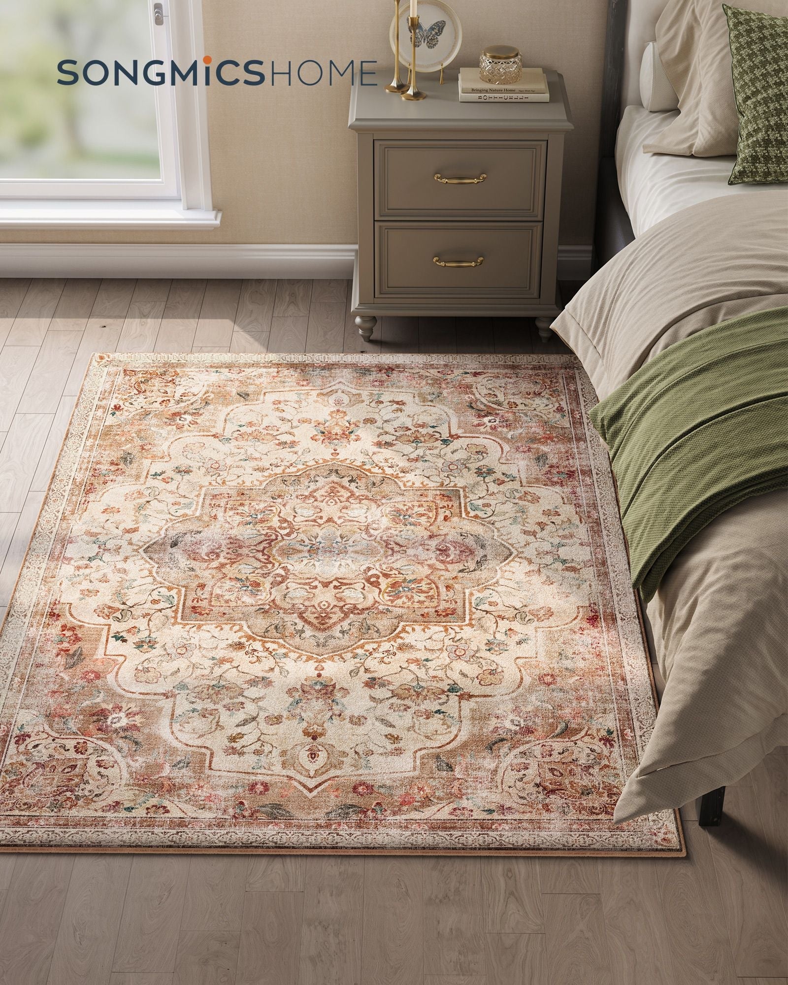 Area Rug – Fabric – Cappuccino Beige – Non-Slip, Machine Washable, Traditional Vintage Style