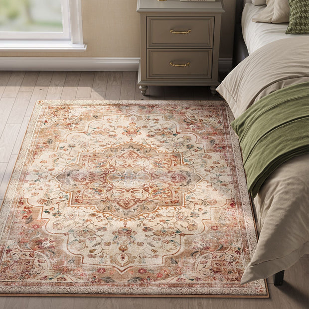 Area Rug – Fabric – Cappuccino Beige – Non-Slip, Machine Washable, Traditional Vintage Style