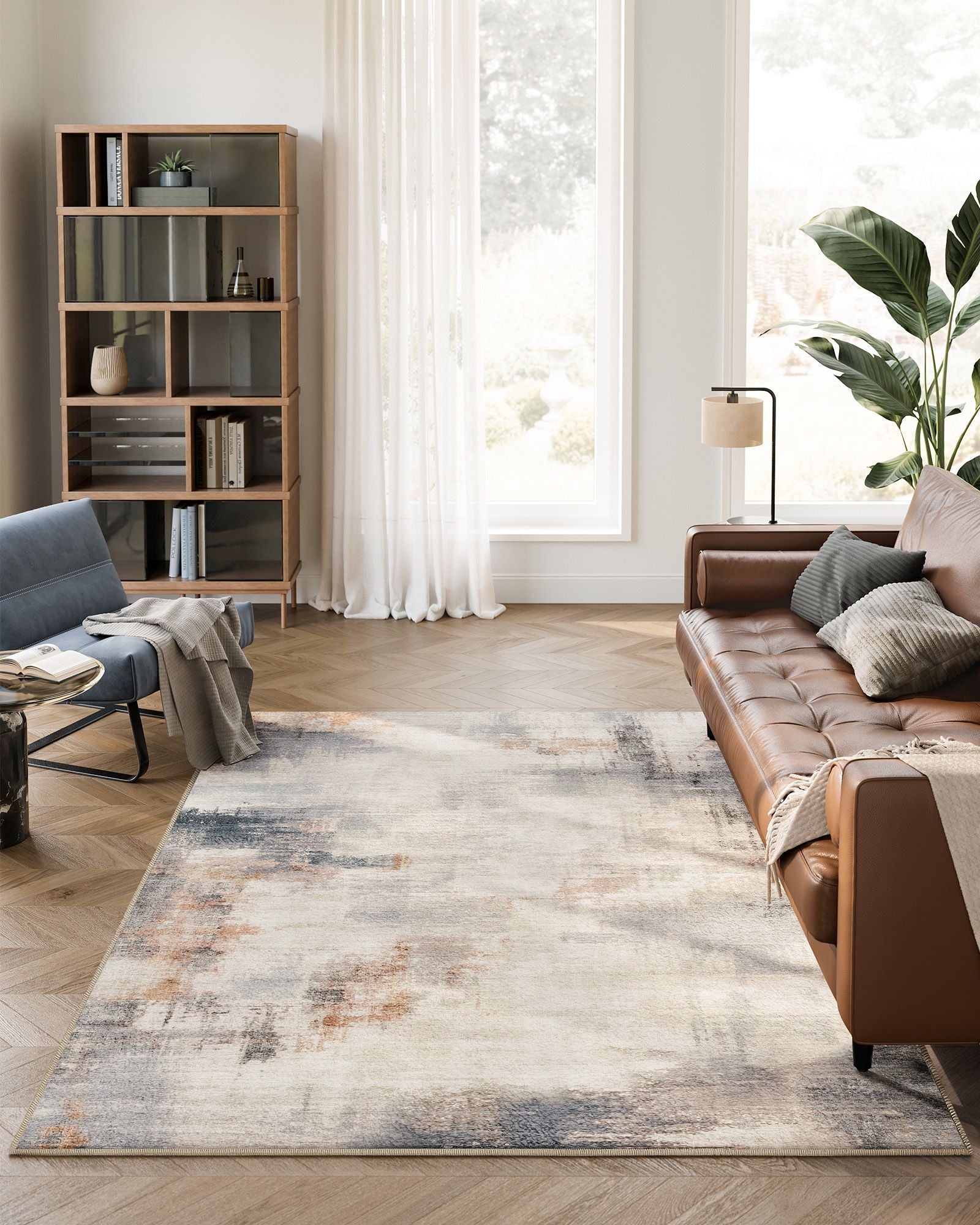 Area Rug – Fabric – Camel Brown – Non-Slip, Modern Abstract Design, Machine Washable