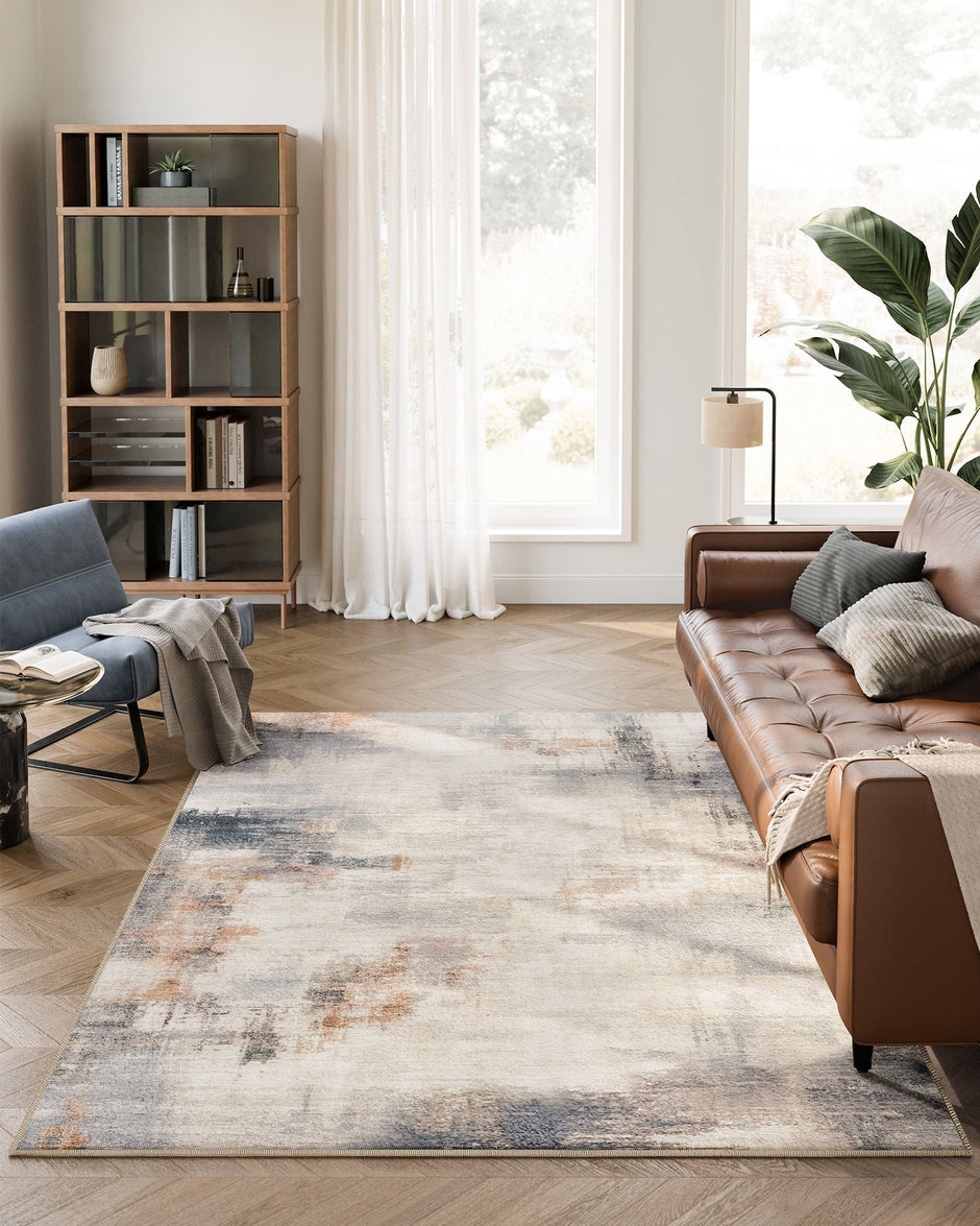 Area Rug – Fabric – Camel Brown – Non-Slip, Modern Abstract Design, Machine Washable