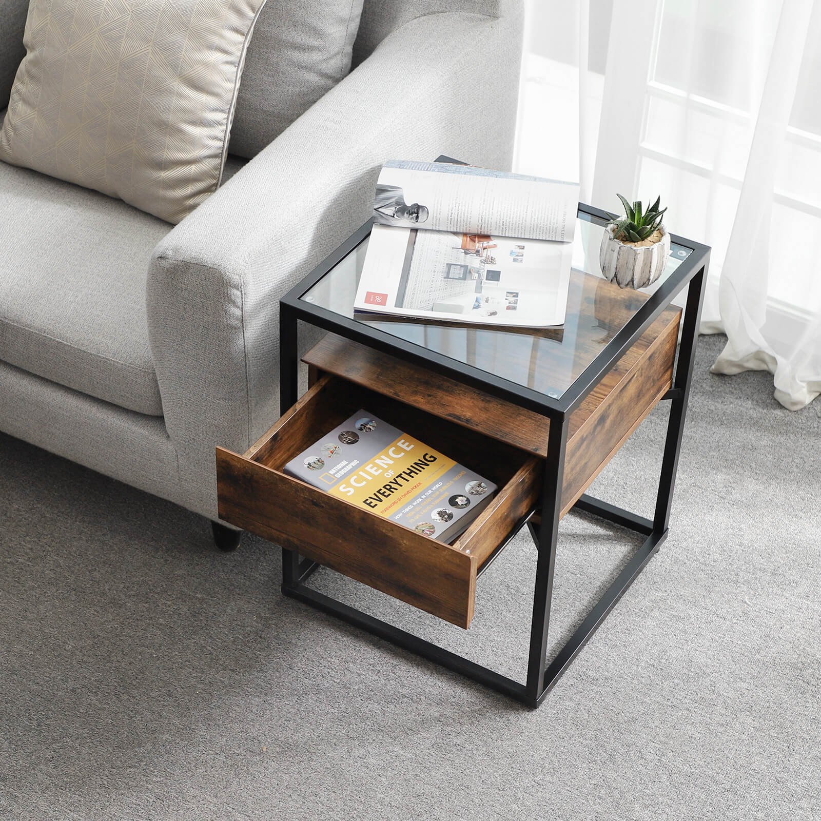 Tempered Glass End Table – Iron – Rustic – With Drawer and Shelf