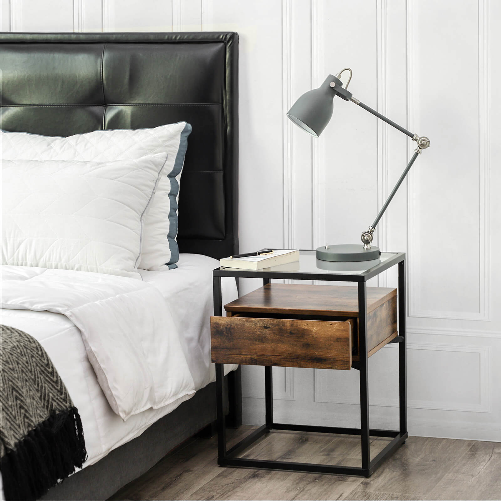 Tempered Glass End Table – Iron – Rustic – With Drawer and Shelf