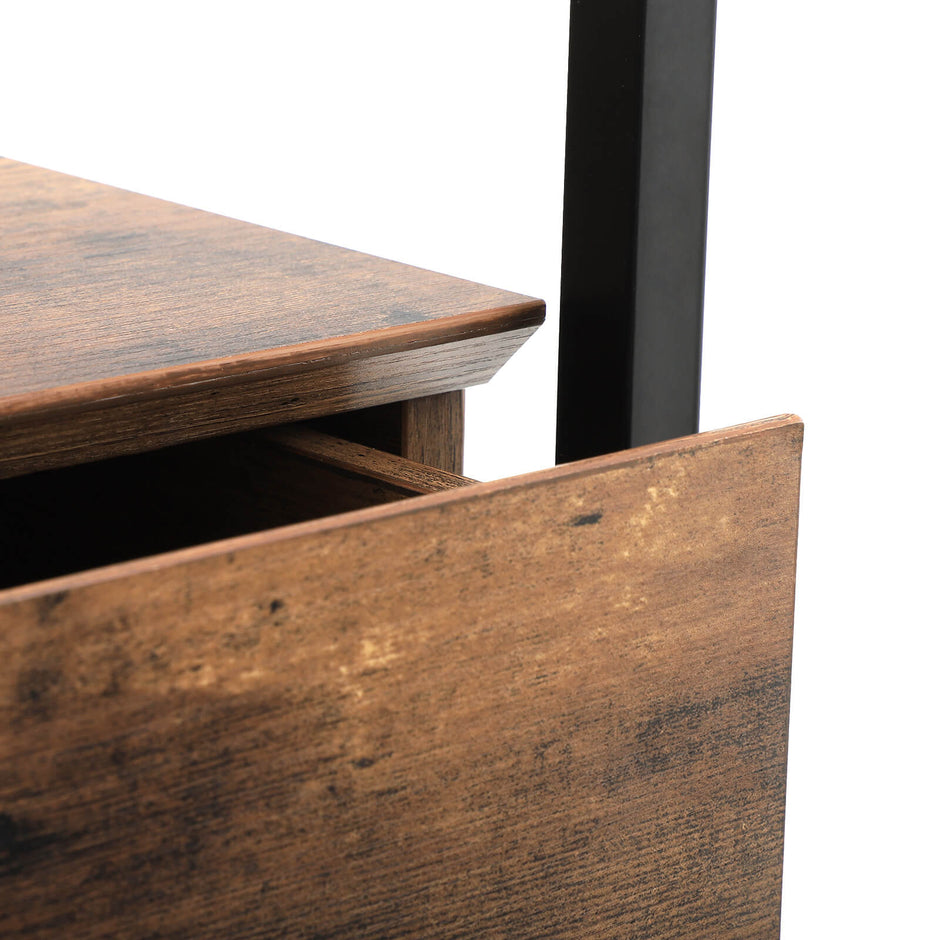Tempered Glass End Table – Iron – Rustic – With Drawer and Shelf