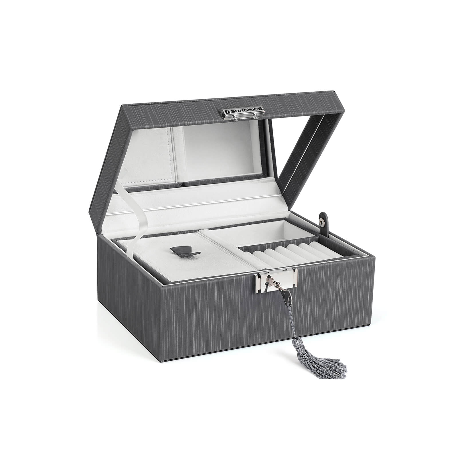 Jewelry Box – Thickened Frame – Black – Lockable with Foldable Tray and Removable Divider