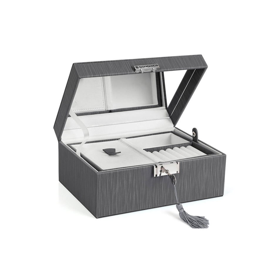 Jewelry Box – Thickened Frame – Black – Lockable with Foldable Tray and Removable Divider