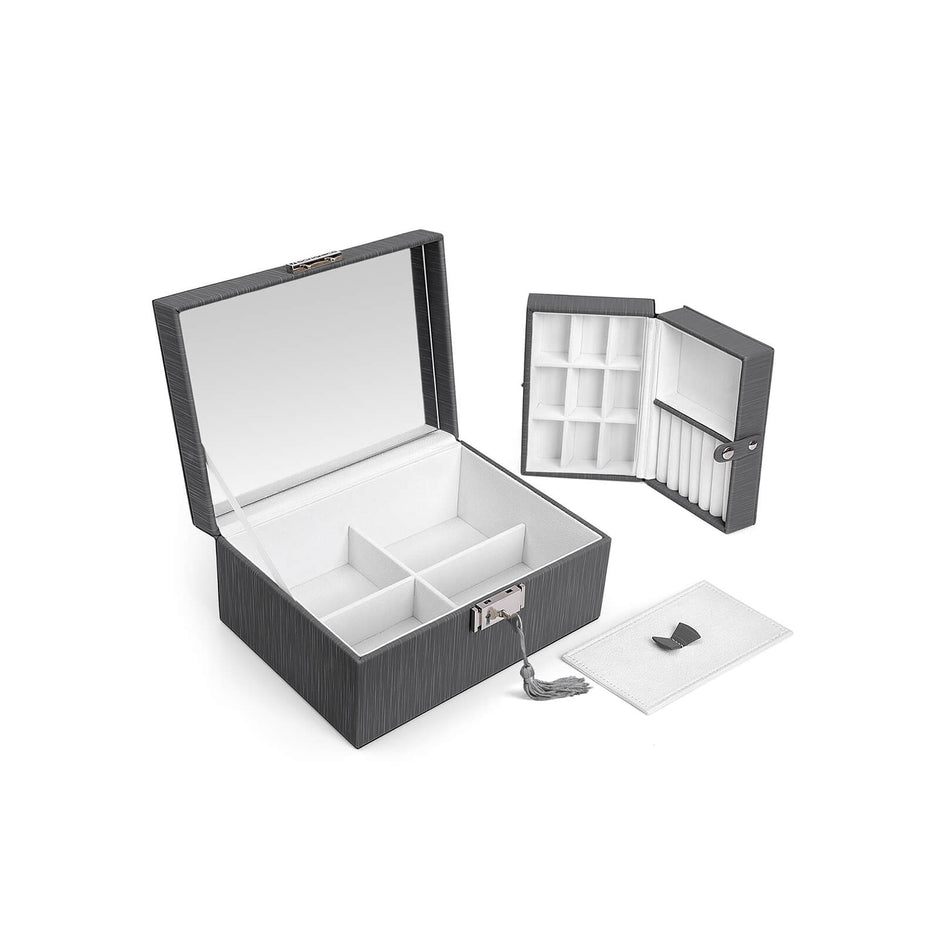 Jewelry Box – Thickened Frame – Black – Lockable with Foldable Tray and Removable Divider