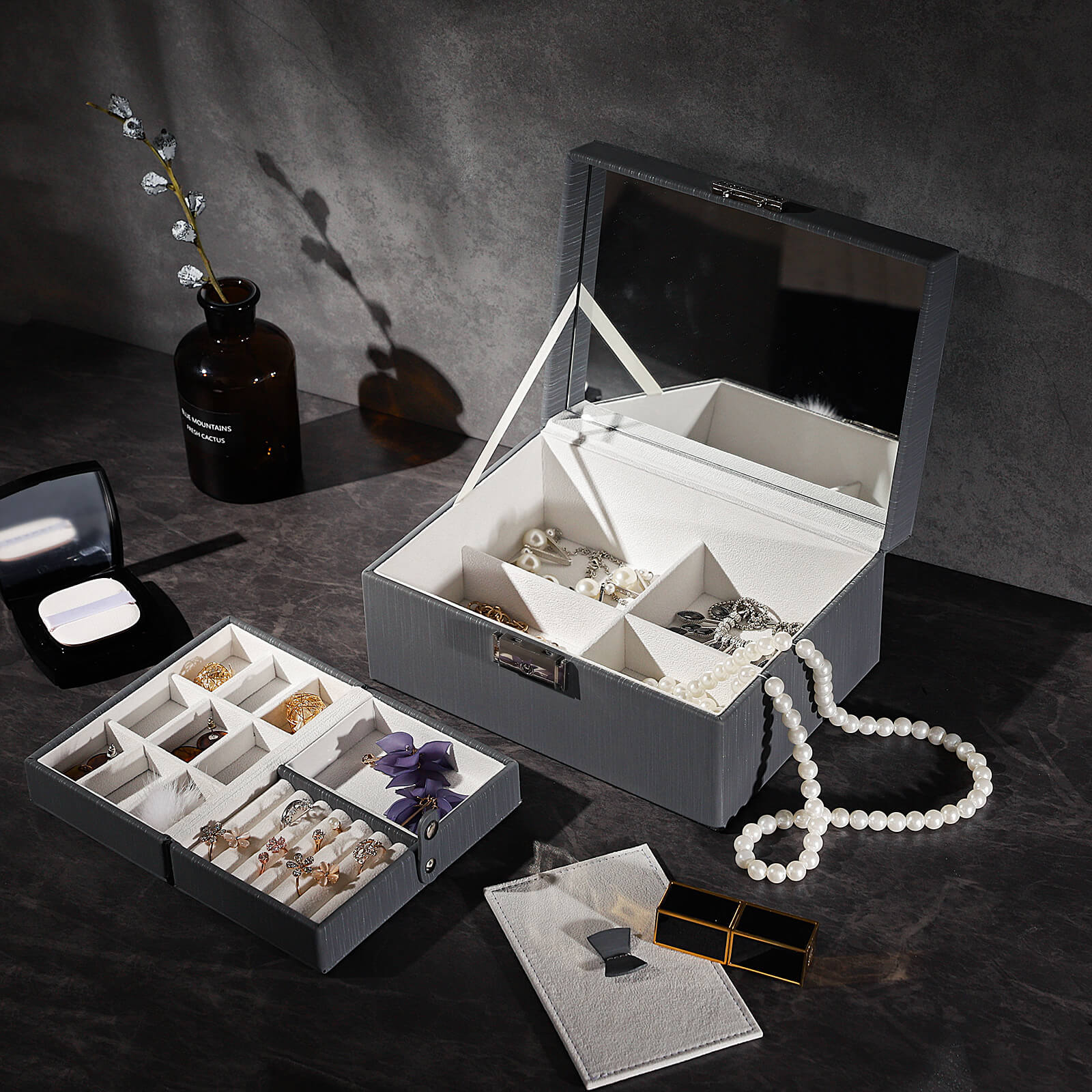 Jewelry Box – Thickened Frame – Black – Lockable with Foldable Tray and Removable Divider
