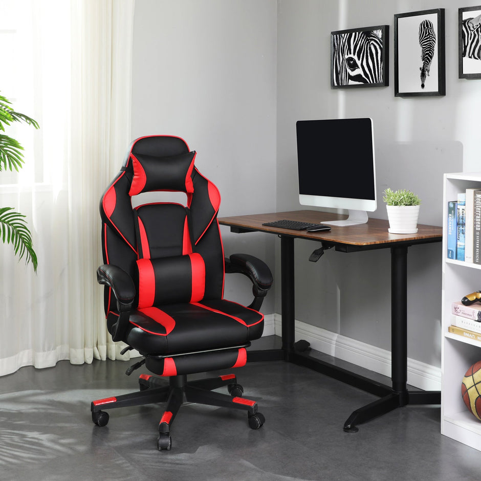 Gaming Chair – Faux Leather – Black and Red – Ergonomic Design with Adjustable Footrest and Tilt Mechanism