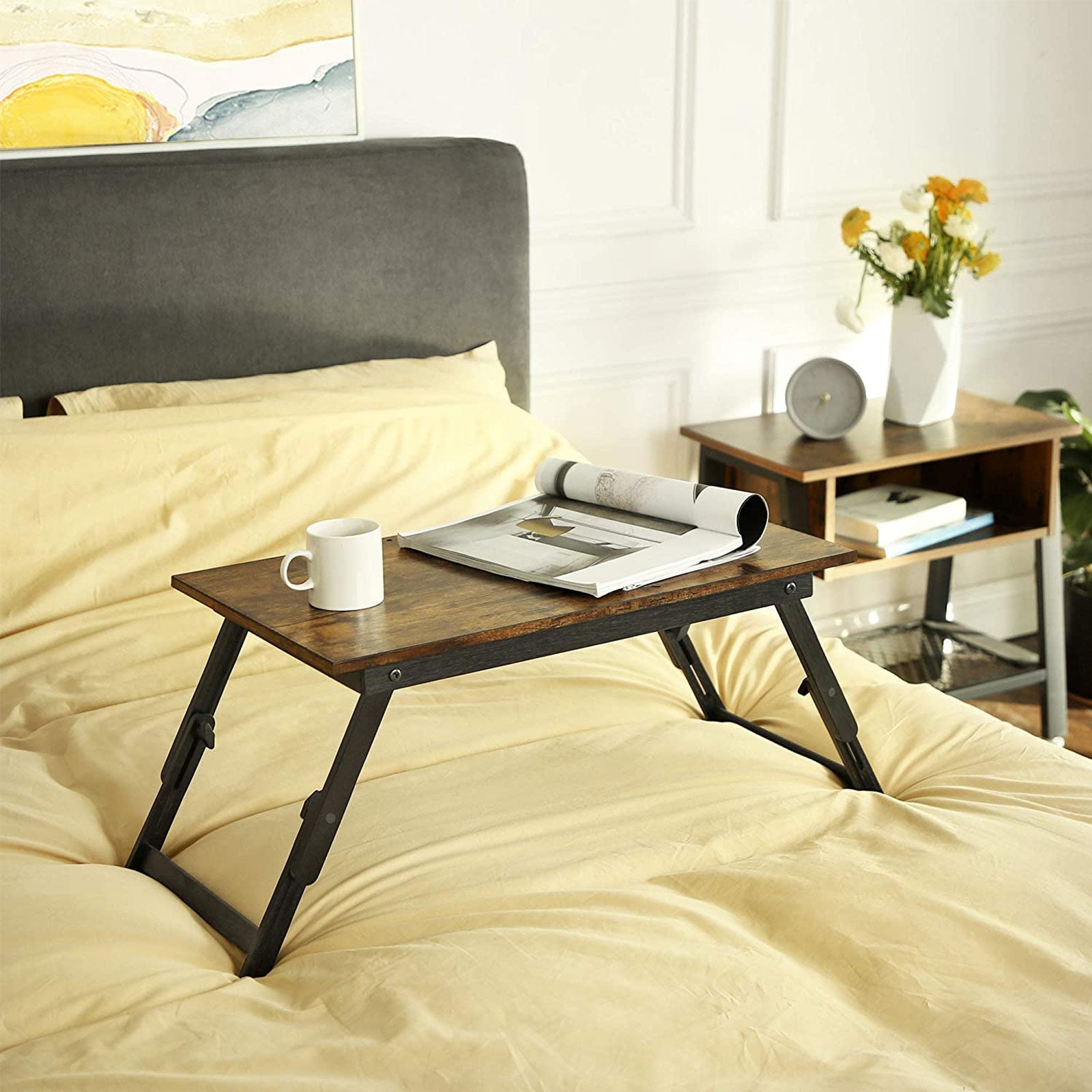 Laptop Desk – Wood – Rustic Brown – Adjustable Tilting Angles and Folding Legs