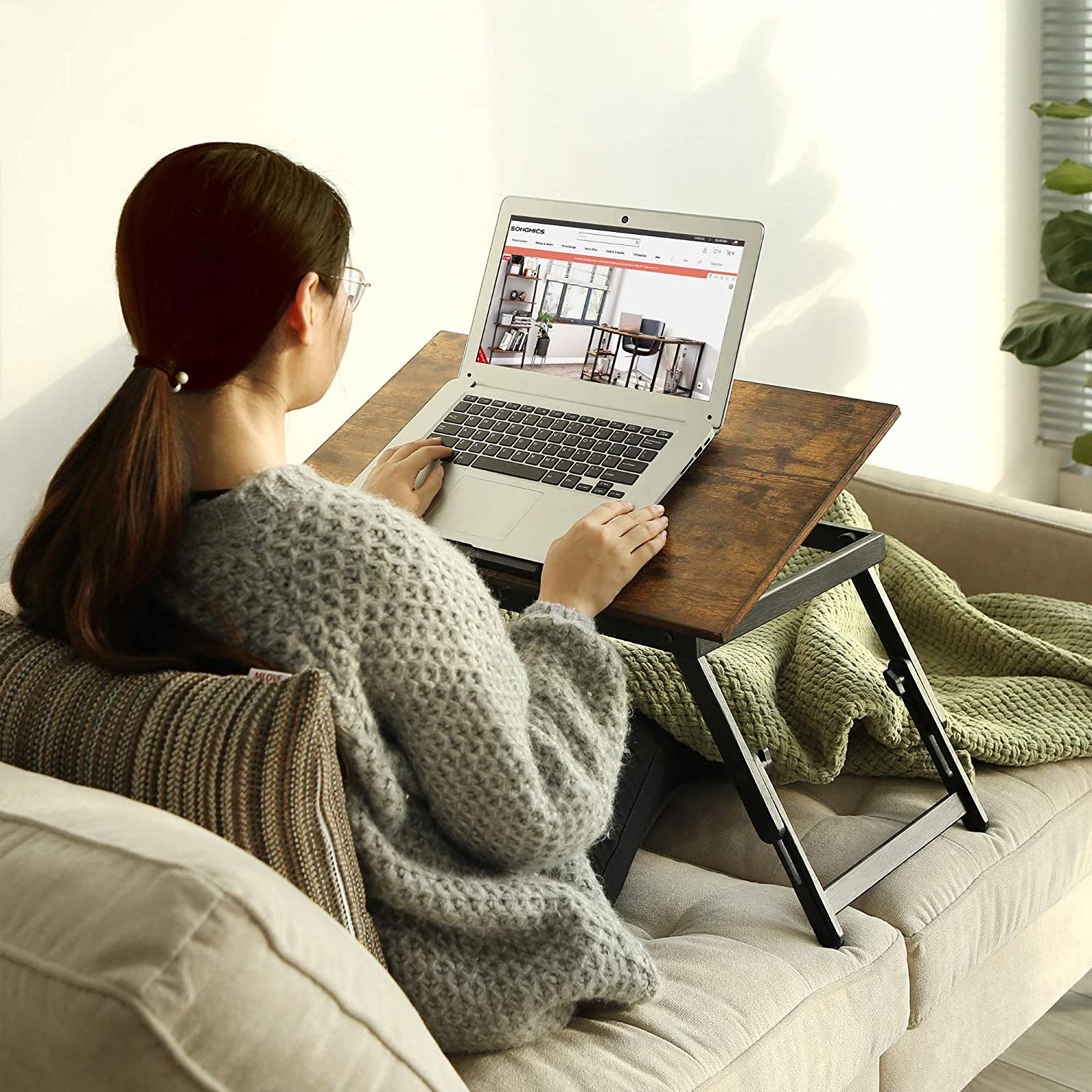 Laptop Desk – Wood – Rustic Brown – Adjustable Tilting Angles and Folding Legs