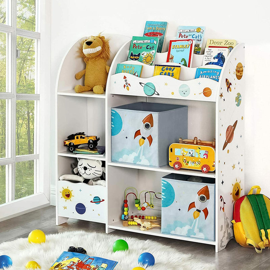 Toy and Book Organiser – Wood – White – Multi-Functional Storage Unit with Storage Boxes