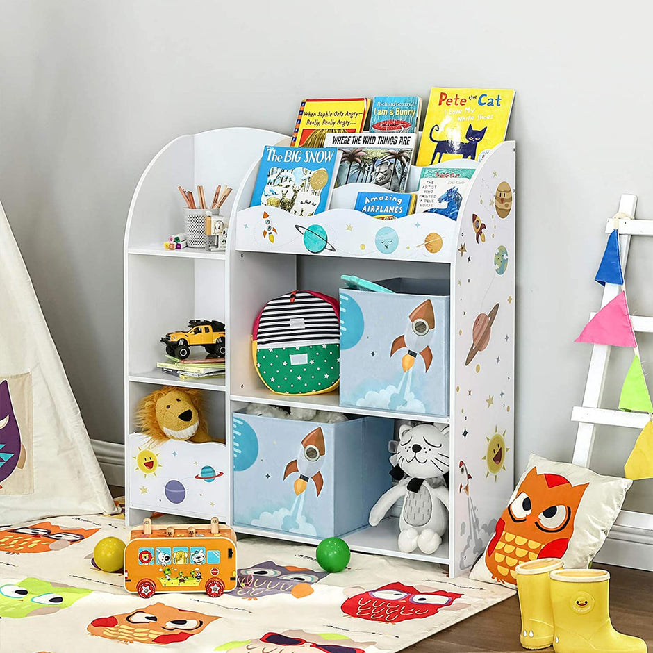 Toy and Book Organiser – Wood – White – Multi-Functional Storage Unit with Storage Boxes