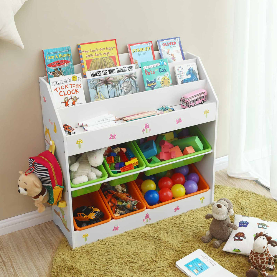 Toy and Book Organizer – Wooden – Multi-Coloured – 3-Tier Bookshelf with Removable Bins