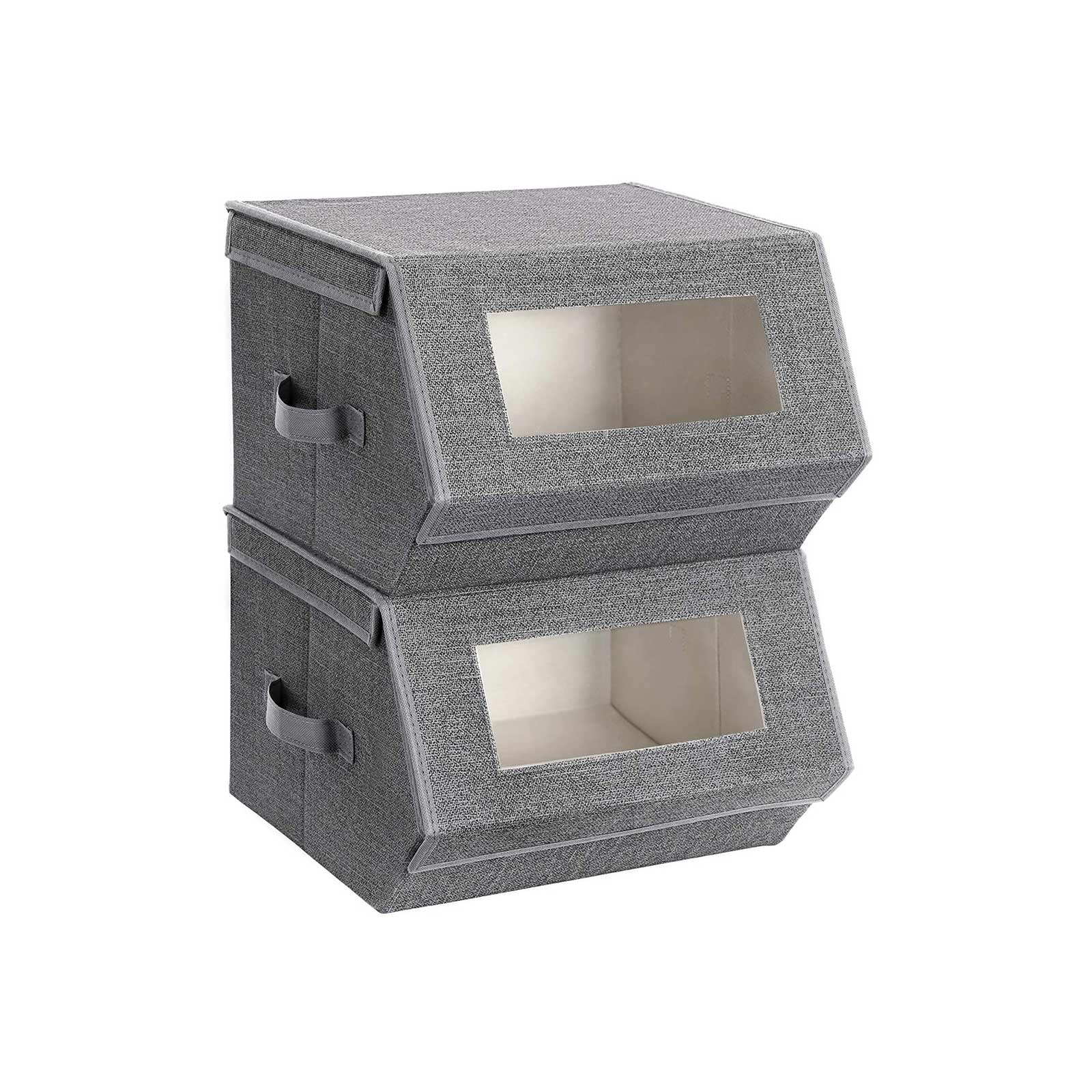 Stackable Storage Bins – Plastic – Gray and Beige – Transparent Windows with Magnetic Lid and Side Handles