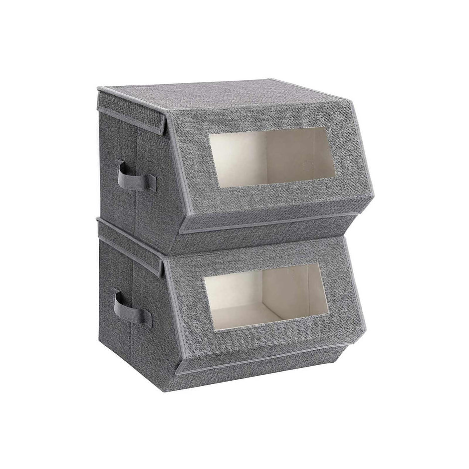 Stackable Storage Bins – Plastic – Gray and Beige – Transparent Windows with Magnetic Lid and Side Handles