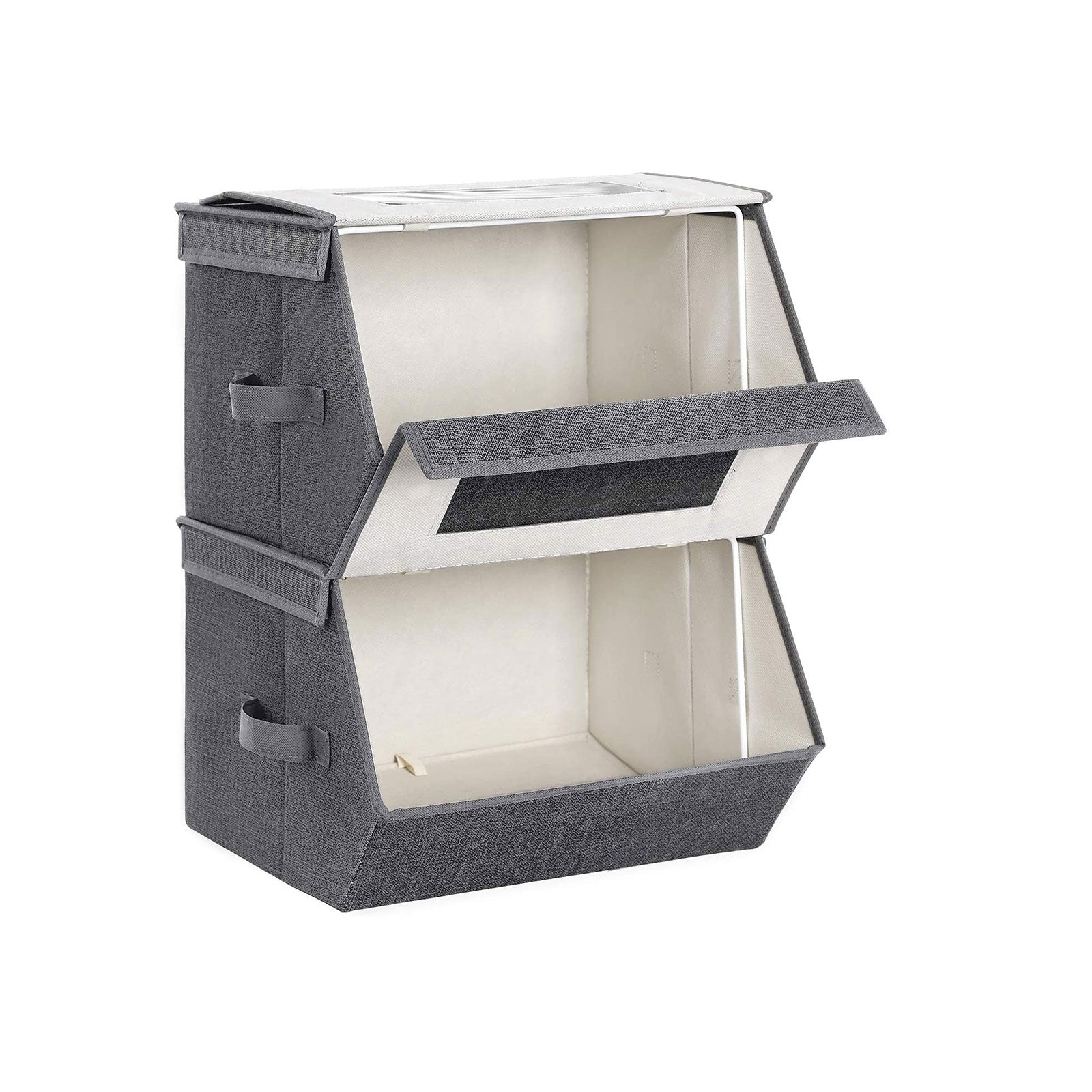 Stackable Storage Bins – Plastic – Gray and Beige – Transparent Windows with Magnetic Lid and Side Handles