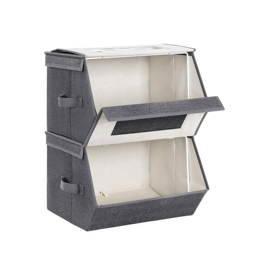 Stackable Storage Bins – Plastic – Gray and Beige – Transparent Windows with Magnetic Lid and Side Handles