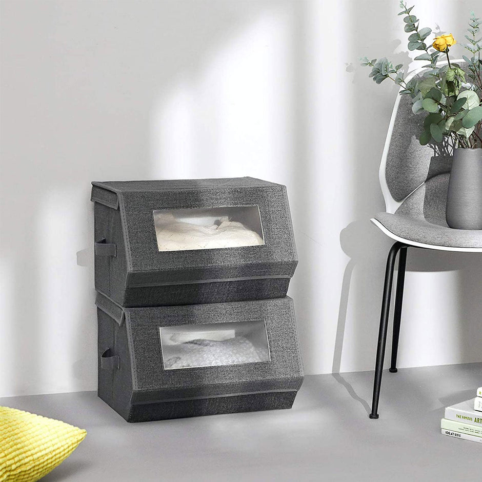 Stackable Storage Bins – Plastic – Gray and Beige – Transparent Windows with Magnetic Lid and Side Handles