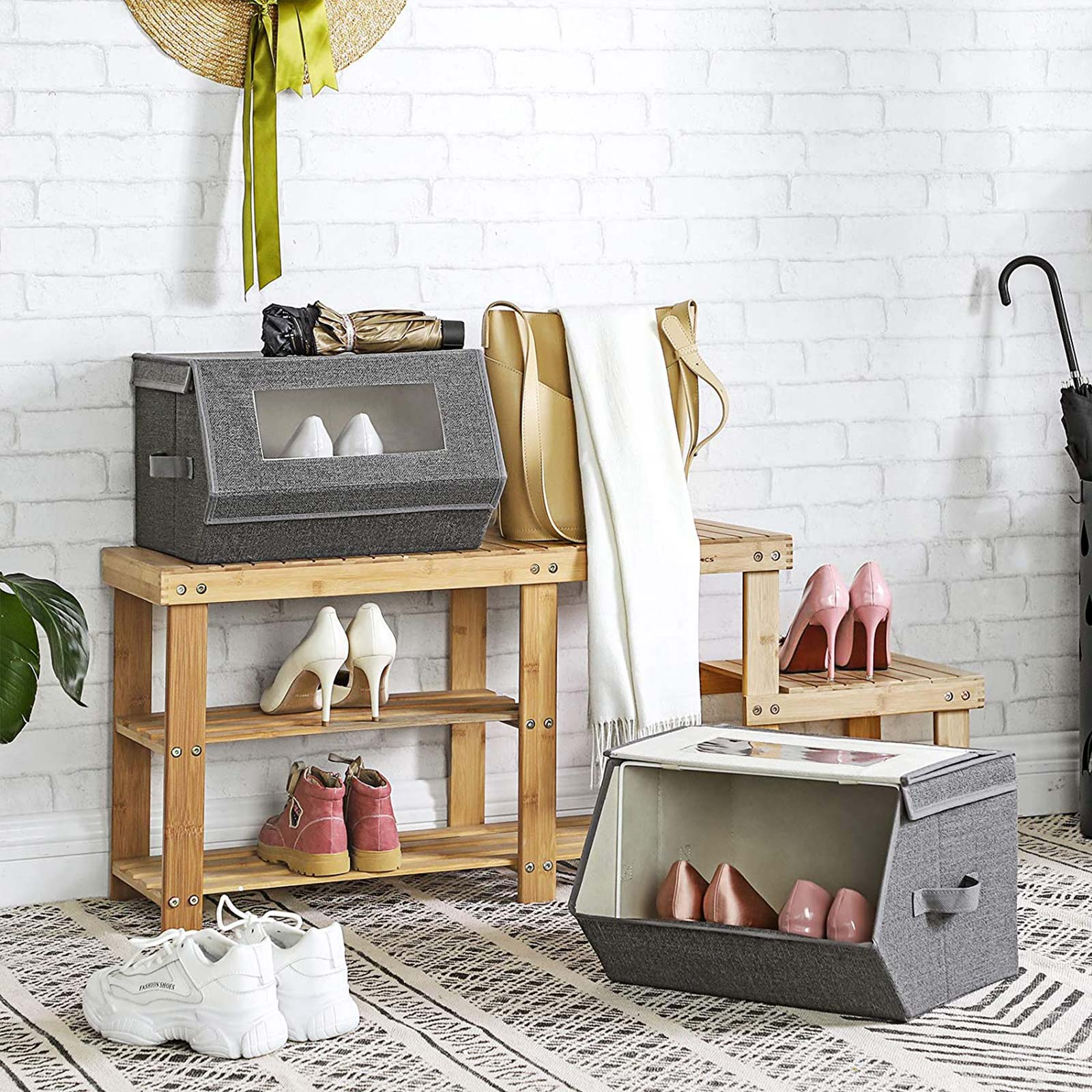 Stackable Storage Bins – Plastic – Gray and Beige – Transparent Windows with Magnetic Lid and Side Handles