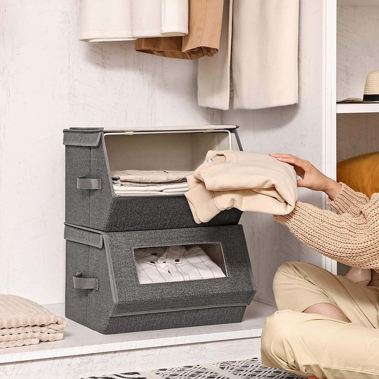 Stackable Storage Bins – Plastic – Gray and Beige – Transparent Windows with Magnetic Lid and Side Handles