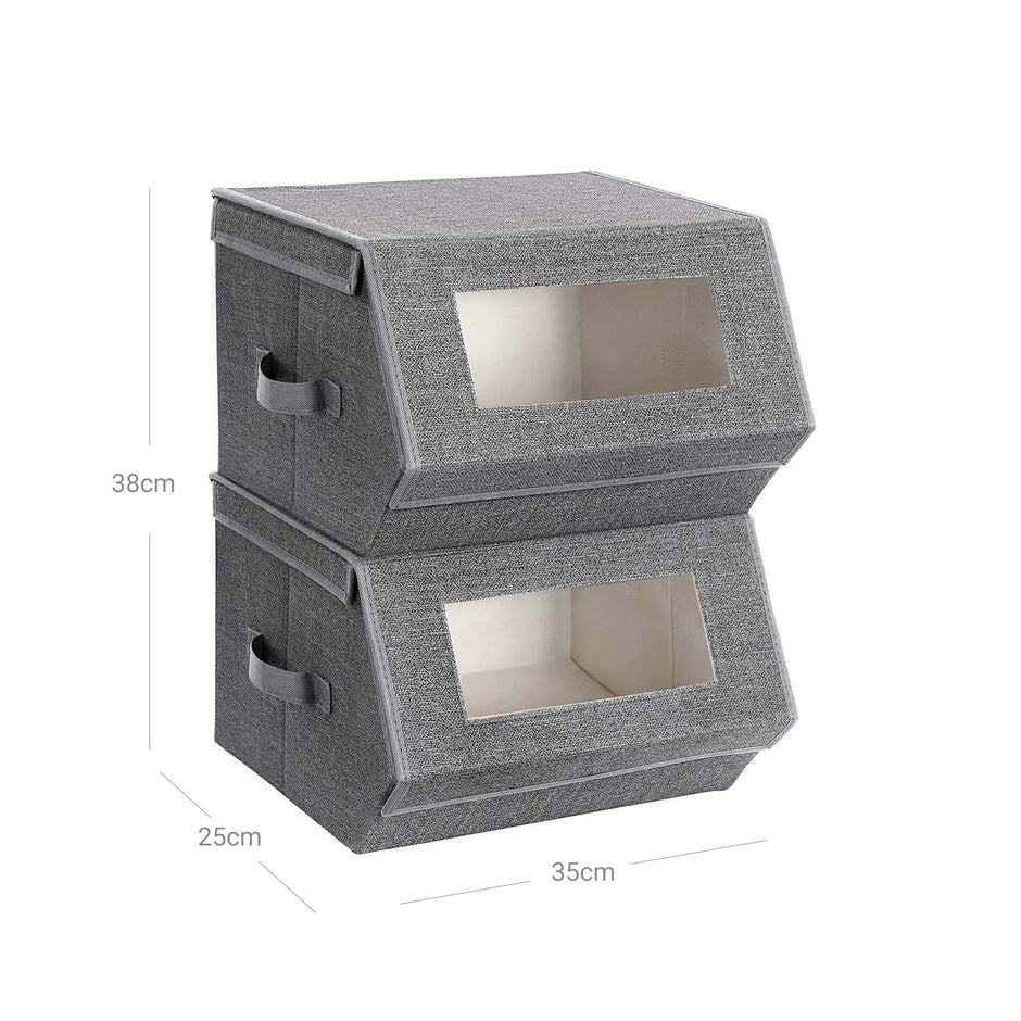 Stackable Storage Bins – Plastic – Gray and Beige – Transparent Windows with Magnetic Lid and Side Handles