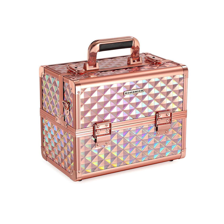 Cosmetics Case – Metal – Laser Rose Gold – Lockable Travel Organizer with Shoulder Strap