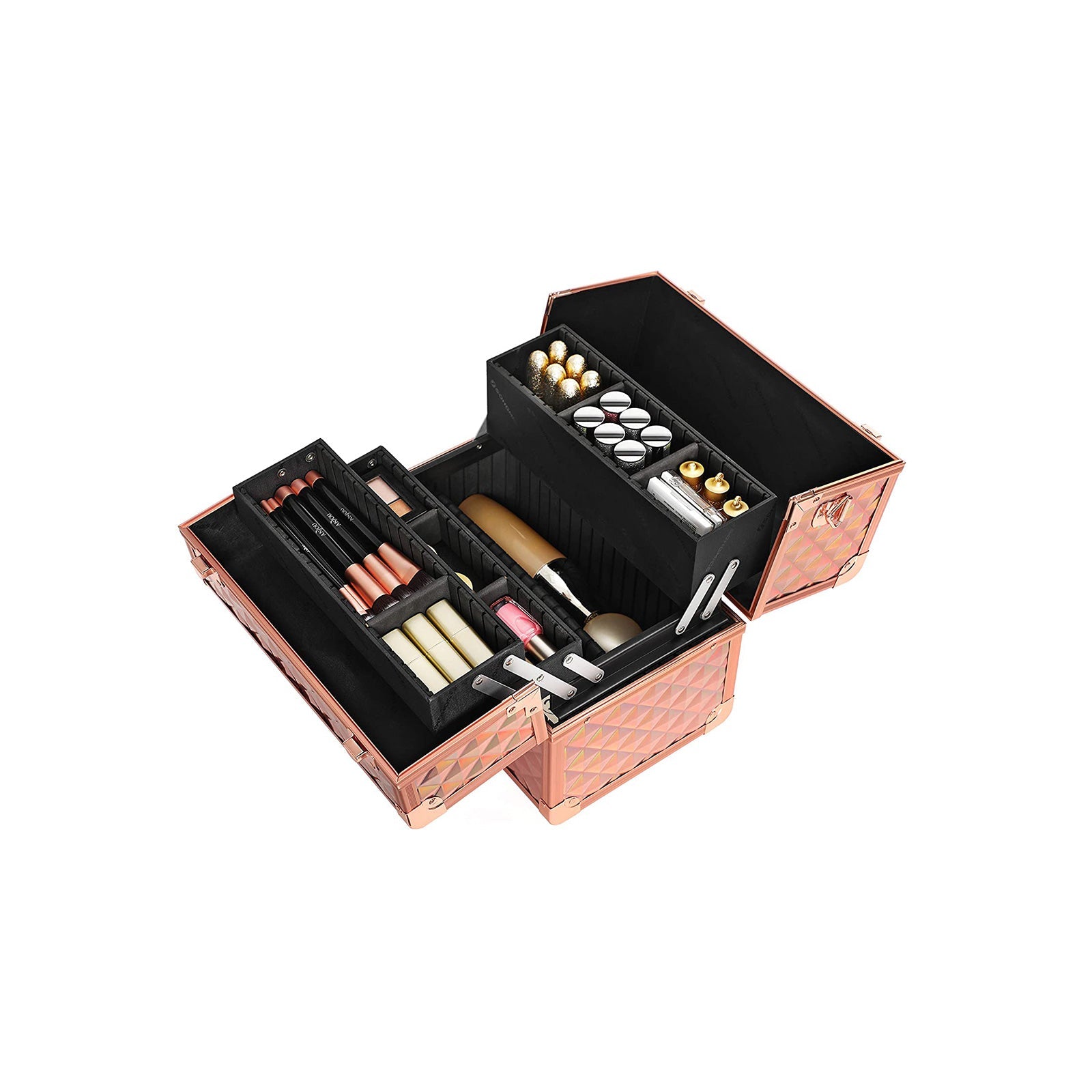 Cosmetics Case – Metal – Laser Rose Gold – Lockable Travel Organizer with Shoulder Strap