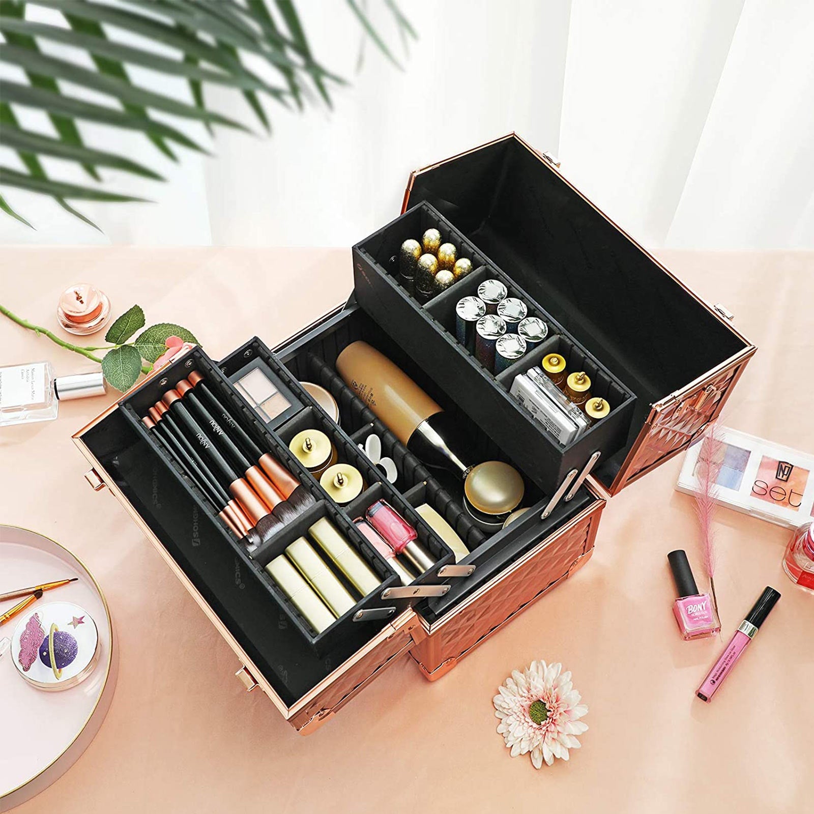 Cosmetics Case – Metal – Laser Rose Gold – Lockable Travel Organizer with Shoulder Strap