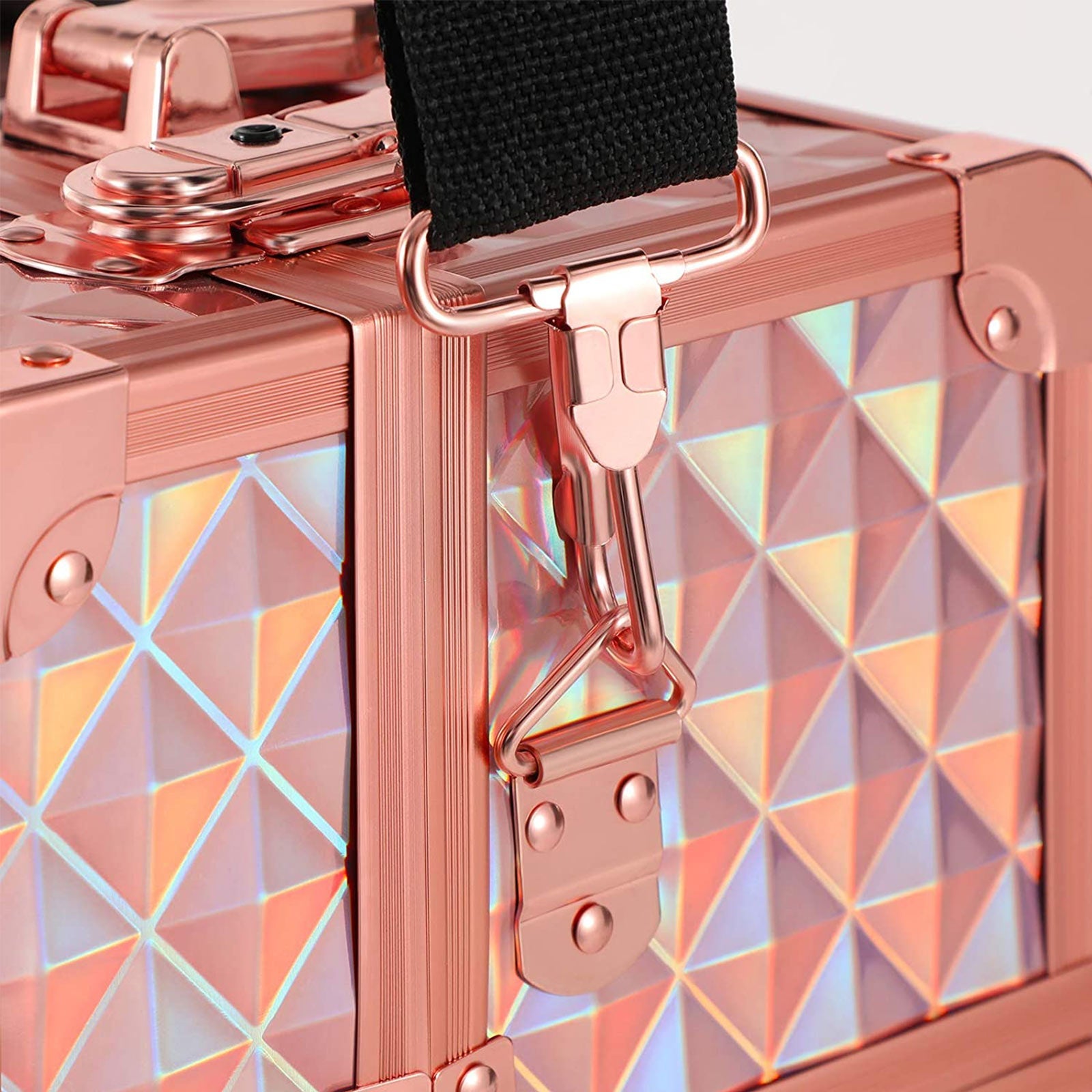 Cosmetics Case – Metal – Laser Rose Gold – Lockable Travel Organizer with Shoulder Strap