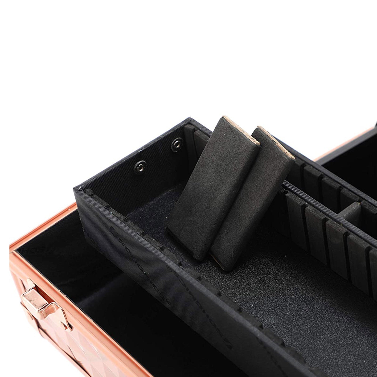 Cosmetics Case – Metal – Laser Rose Gold – Lockable Travel Organizer with Shoulder Strap