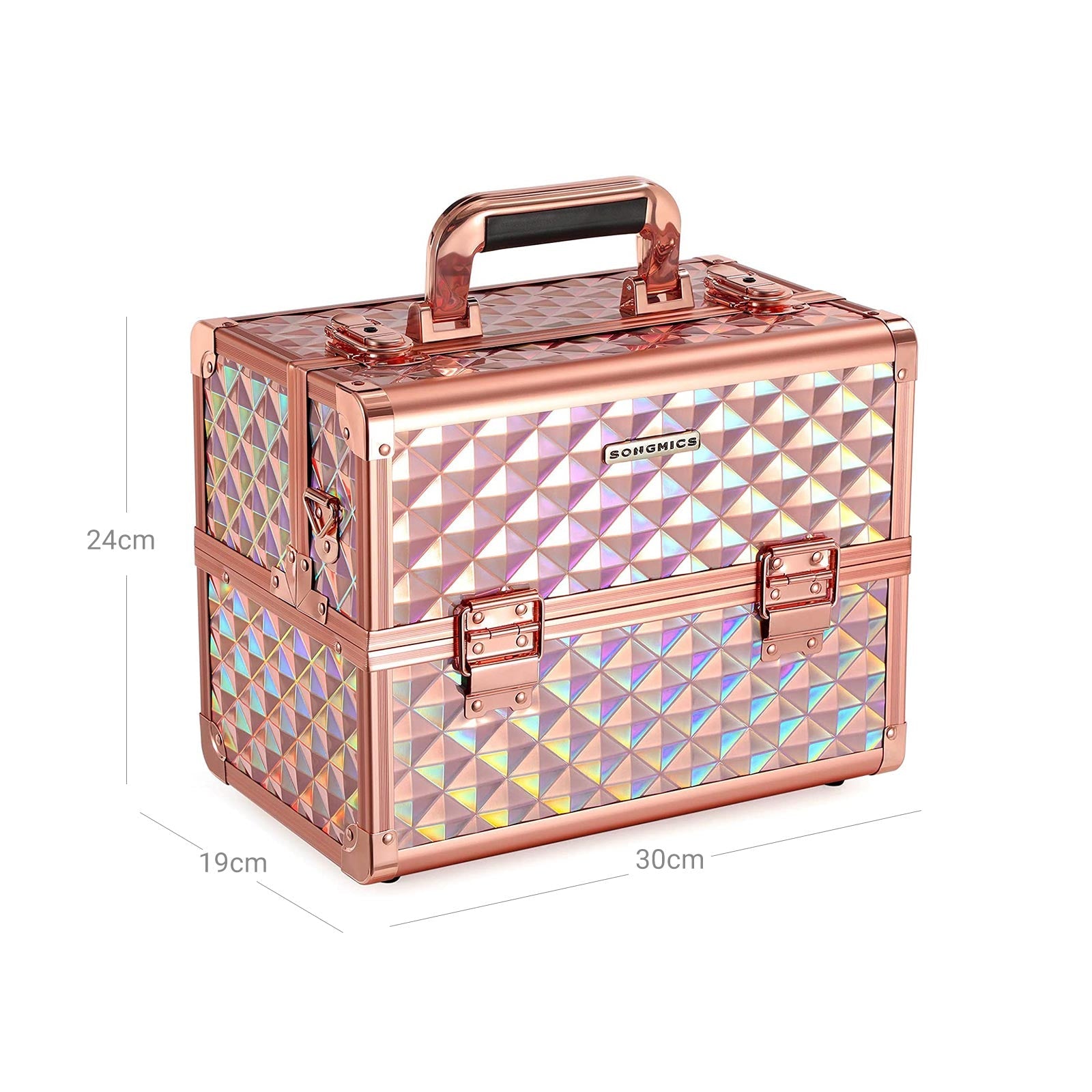 Cosmetics Case – Metal – Laser Rose Gold – Lockable Travel Organizer with Shoulder Strap