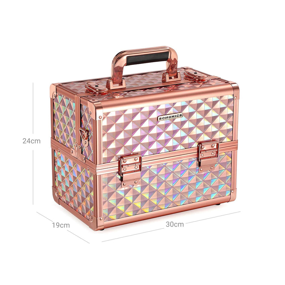 Cosmetics Case – Metal – Laser Rose Gold – Lockable Travel Organizer with Shoulder Strap