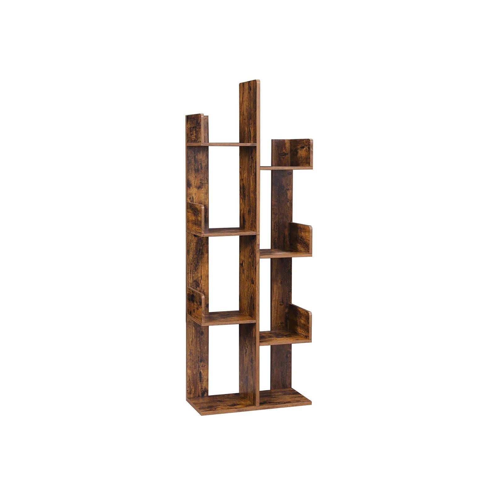 Tree-Shaped Bookshelf – Wood – Rustic Brown – 8 Storage Compartments, Rounded Corners