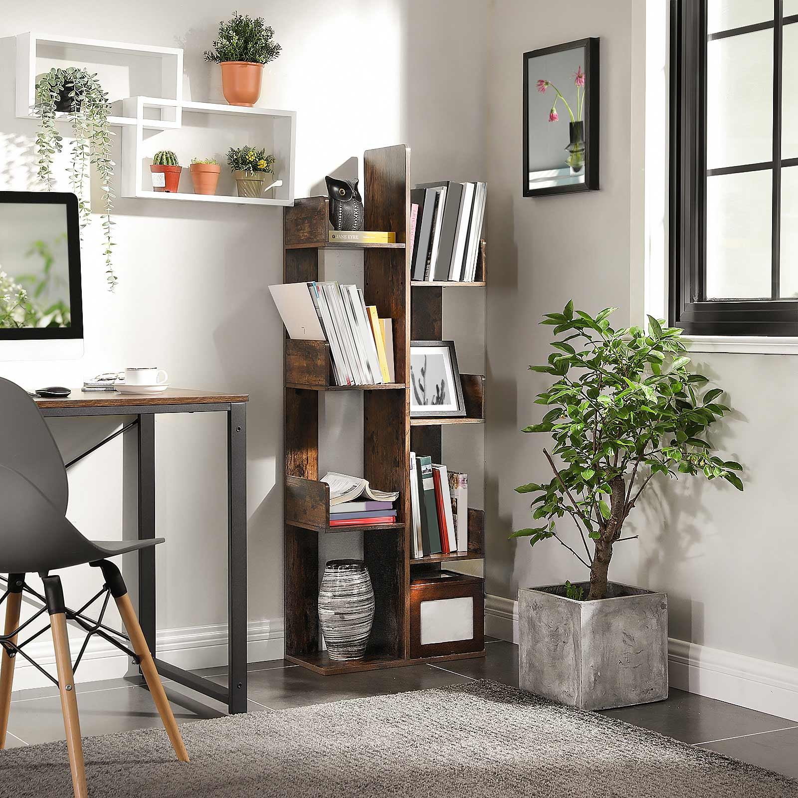 Tree-Shaped Bookshelf – Wood – Rustic Brown – 8 Storage Compartments, Rounded Corners
