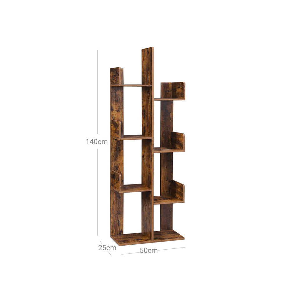 Tree-Shaped Bookshelf – Wood – Rustic Brown – 8 Storage Compartments, Rounded Corners