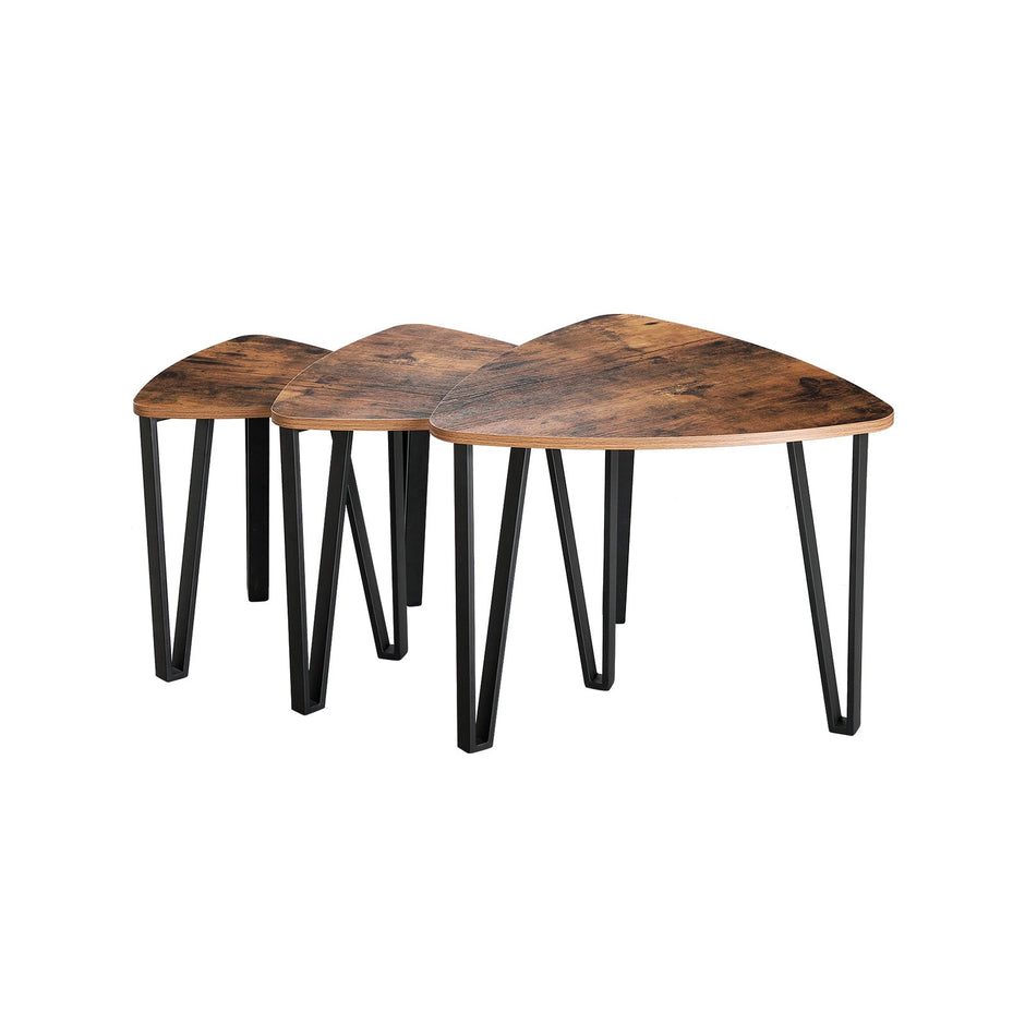 Nesting End Side Tables – Metal and Wood – Rustic Brown – Set of 3 with Easy Assembly