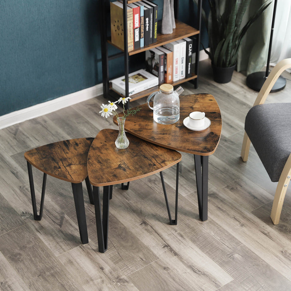 Nesting End Side Tables – Metal and Wood – Rustic Brown – Set of 3 with Easy Assembly