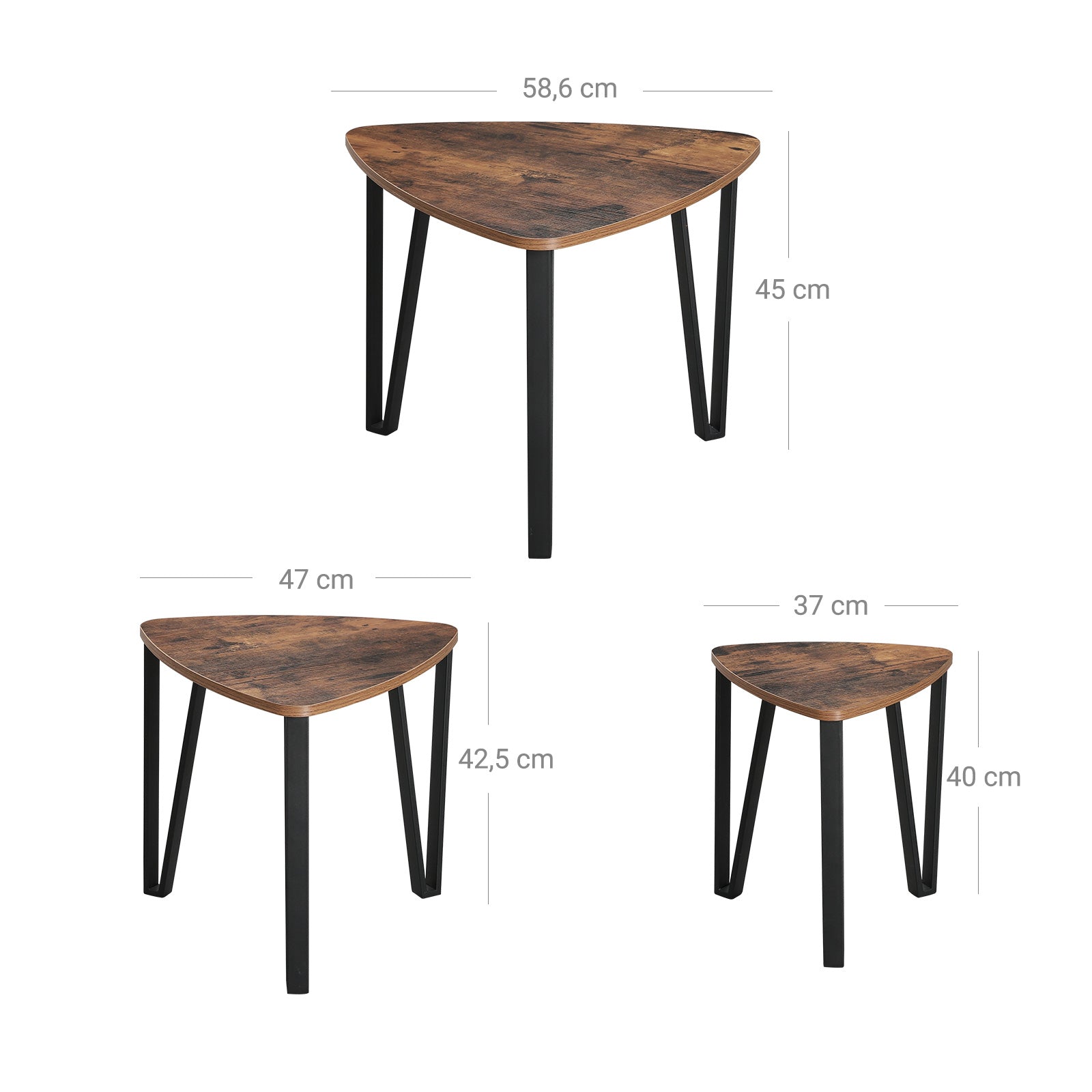 Nesting End Side Tables – Metal and Wood – Rustic Brown – Set of 3 with Easy Assembly