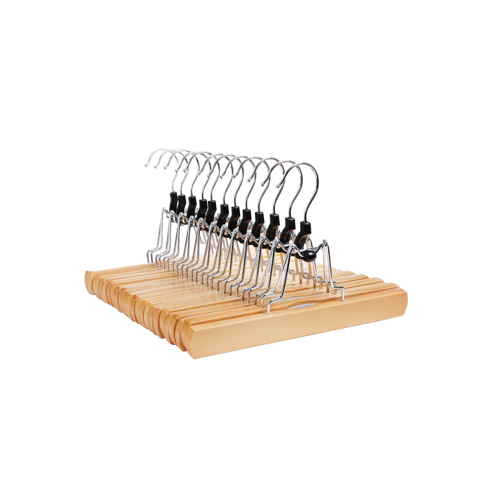 Trouser Clamp Hanger – Solid Wood – Natural – Set of 12 with 360° Rotatable Hook and Anti-slip Felt