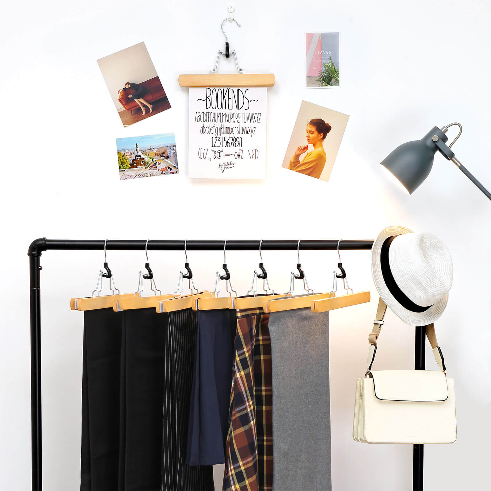 Trouser Clamp Hanger – Solid Wood – Natural – Set of 12 with 360° Rotatable Hook and Anti-slip Felt