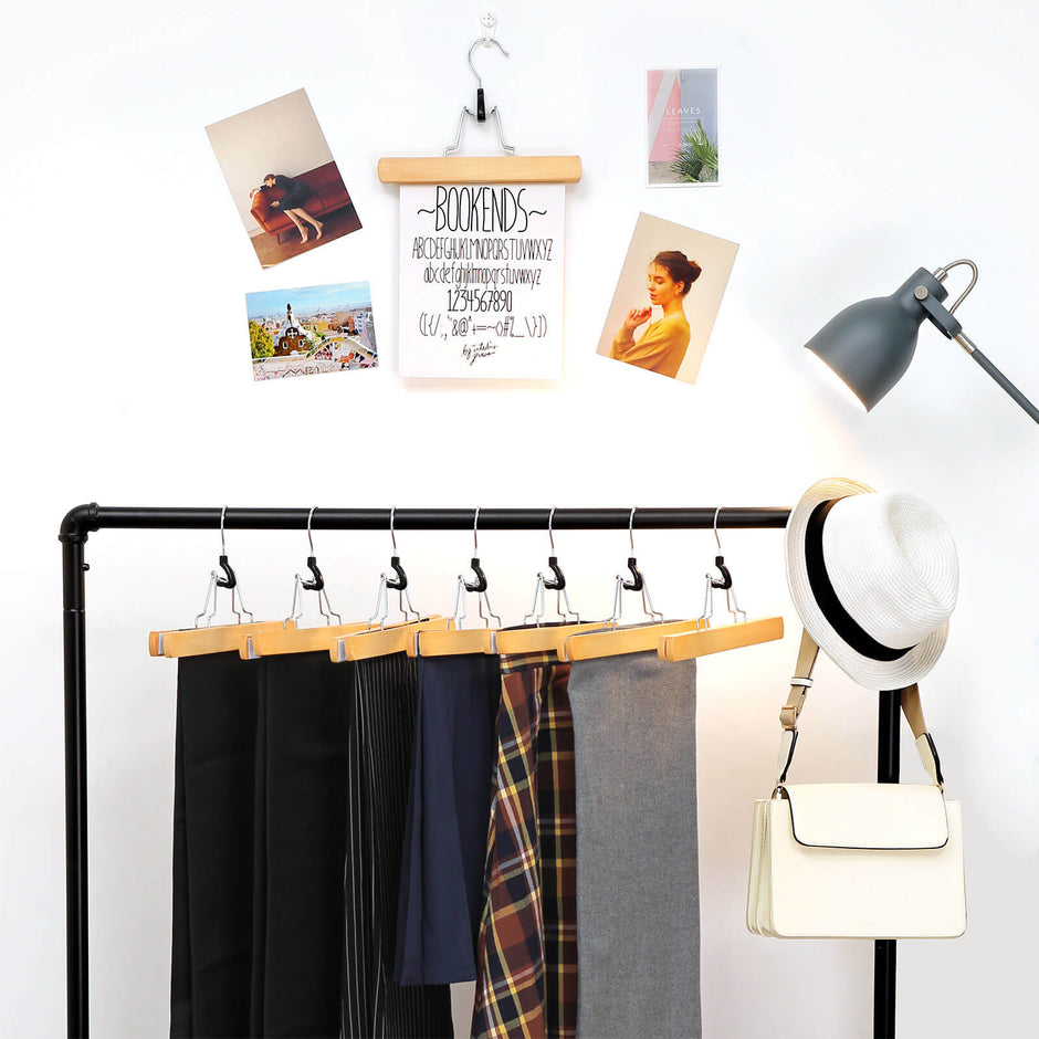 Trouser Clamp Hanger – Solid Wood – Natural – Set of 12 with 360° Rotatable Hook and Anti-slip Felt