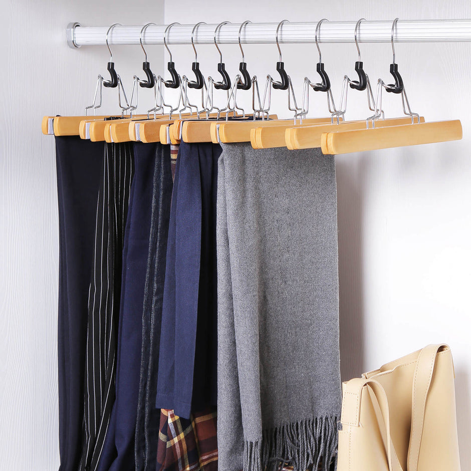 Trouser Clamp Hanger – Solid Wood – Natural – Set of 12 with 360° Rotatable Hook and Anti-slip Felt