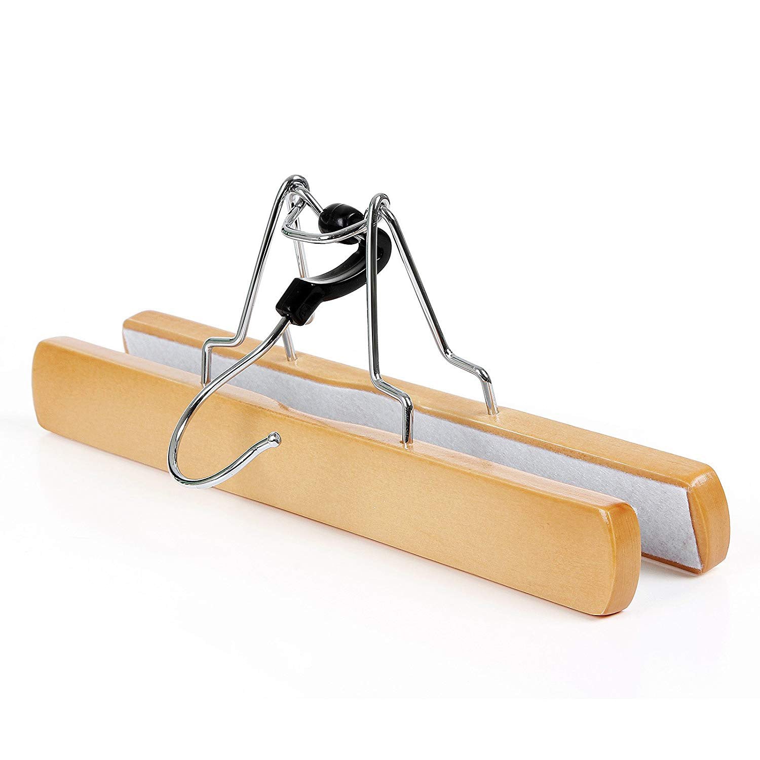 Trouser Clamp Hanger – Solid Wood – Natural – Set of 12 with 360° Rotatable Hook and Anti-slip Felt